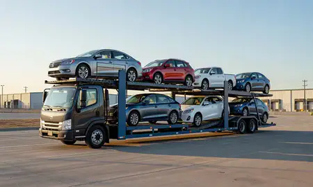 Car transporter loaded with vehicles in Texas, United States