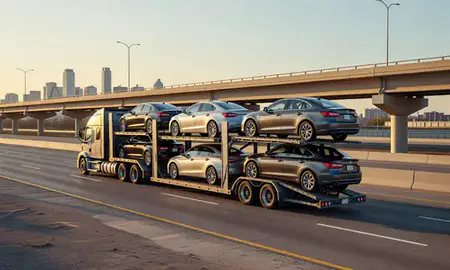 Car transporter with the Texas, United States skyline behind it