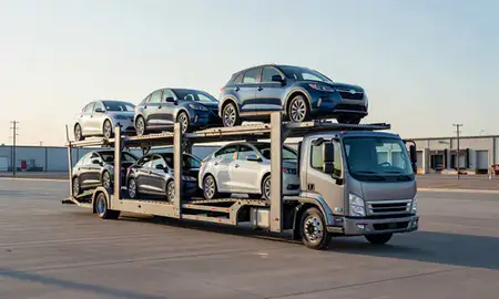 Car transporter loaded with vehicles in Amarillo, Texas, United States