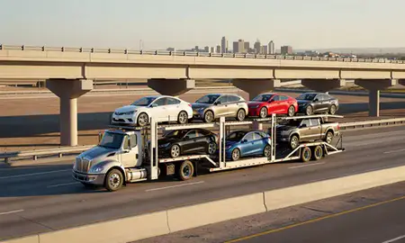 Car transporter with the Amarillo, Texas, United States skyline behind it