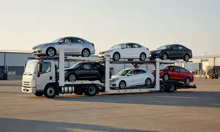 Car transporter loaded with vehicles in Arlington, Texas, United States