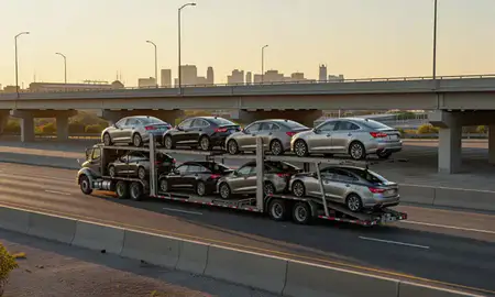 Car transporter with the Arlington, Texas, United States skyline behind it