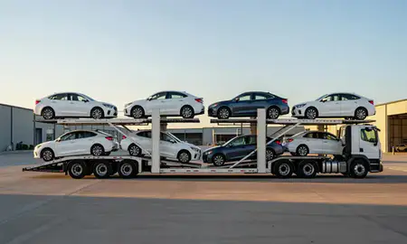 Car transporter parked in an industrial area of Austin, Texas, United States