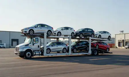 Car transporter loaded with vehicles in Austin, Texas, United States