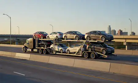 Car transporter with the Austin, Texas, United States skyline behind it