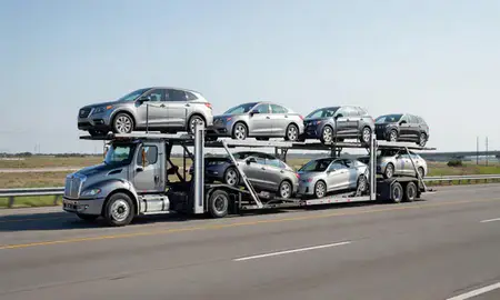 Multi-level car carrier on the highway to Beaumont, Texas, United States