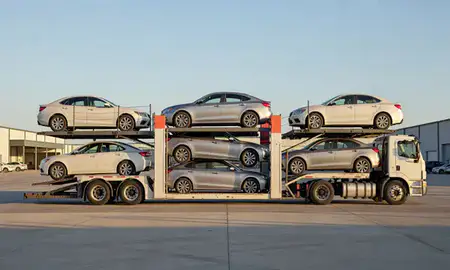 Car transporter parked in an industrial area of Beaumont, Texas, United States