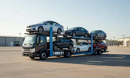 Car transporter loaded with vehicles in Beaumont, Texas, United States