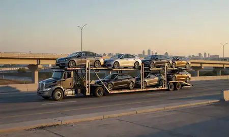 Car transporter with the Beaumont, Texas, United States skyline behind it
