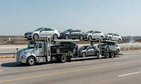 Multi-level car carrier on the highway to Brownsville, Texas, United States