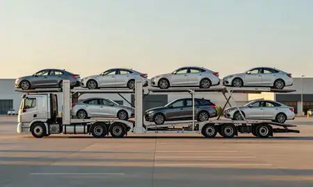 Car transporter parked in an industrial area of Brownsville, Texas, United States