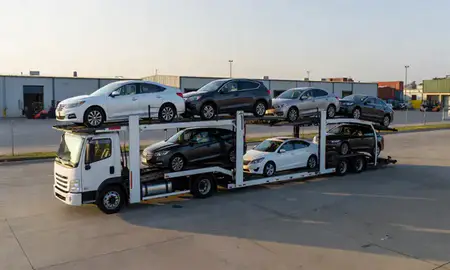 Car transporter loaded with vehicles in Brownsville, Texas, United States