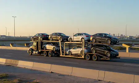Car transporter with the Brownsville, Texas, United States skyline behind it