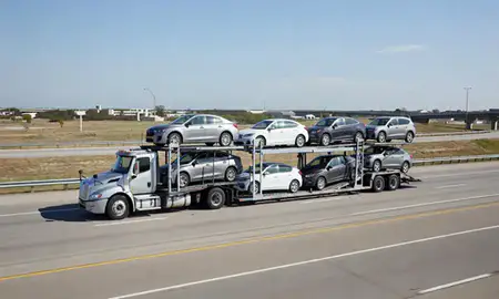 Multi-level car carrier on the highway to College Station, Texas, United States