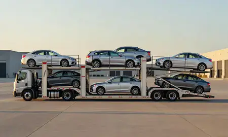 Car transporter parked in an industrial area of College Station, Texas, United States