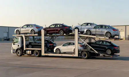 Car transporter loaded with vehicles in College Station, Texas, United States