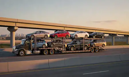 Car transporter with the College Station, Texas, United States skyline behind it