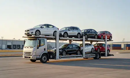 Car transporter loaded with vehicles in Corpus Christi, Texas, United States