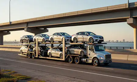 Car transporter with the Corpus Christi, Texas, United States skyline behind it