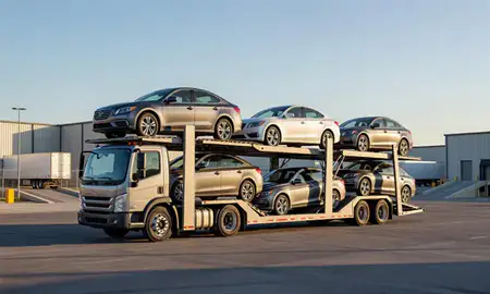 Car transporter loaded with vehicles in Dallas, Texas, United States