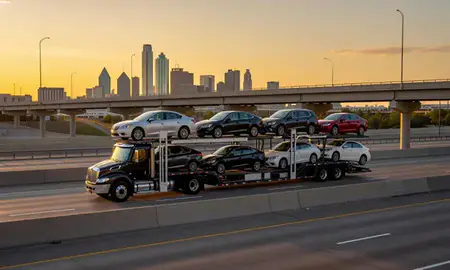 Car transporter with the Dallas, Texas, United States skyline behind it
