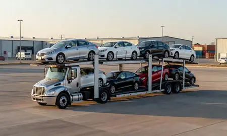 Car transporter loaded with vehicles in Denton, Texas, United States