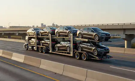 Car transporter with the Denton, Texas, United States skyline behind it