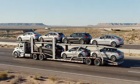 Multi-level car carrier on the highway to El Paso, Texas, United States