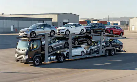 Car transporter loaded with vehicles in El Paso, Texas, United States