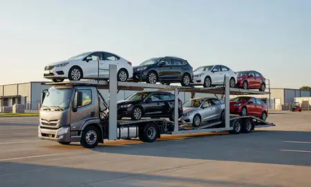 Car transporter loaded with vehicles in Fort Worth, Texas, United States
