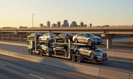 Car transporter with the Fort Worth, Texas, United States skyline behind it
