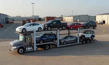 Car transporter loaded with vehicles in Frisco, Texas, United States