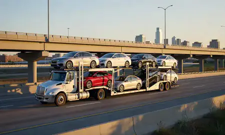 Car transporter with the Frisco, Texas, United States skyline behind it