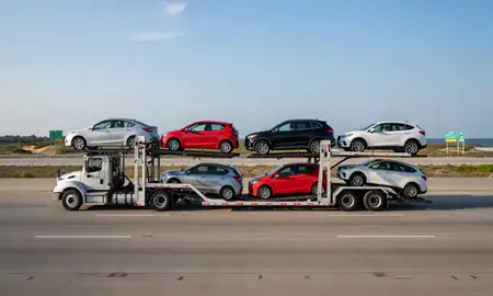 Multi-level car carrier on the highway to Galveston, Texas, United States