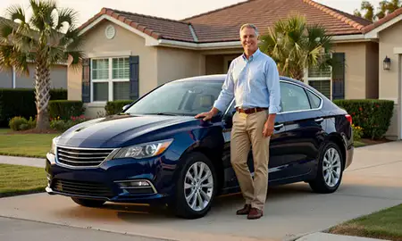 Customer with their delivered car in Galveston, Texas, United States
