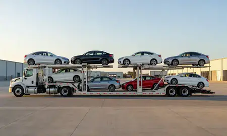 Car transporter parked in an industrial area of Galveston, Texas, United States