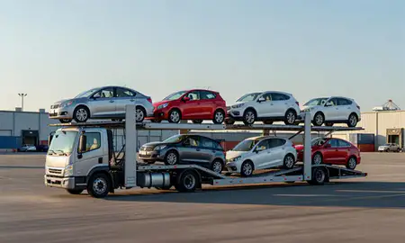 Car transporter loaded with vehicles in Galveston, Texas, United States
