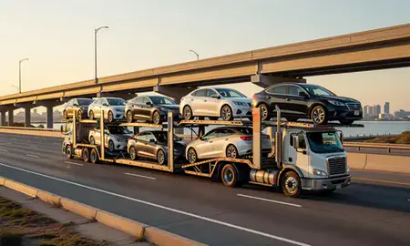 Car transporter with the Galveston, Texas, United States skyline behind it