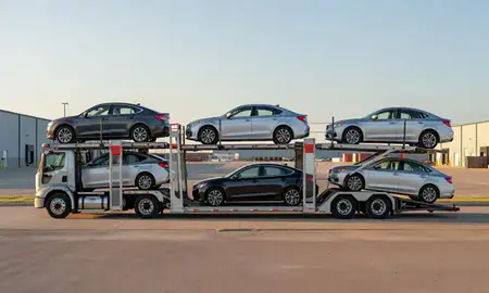 Car transporter parked in an industrial area of Garland, Texas, United States
