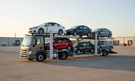 Car transporter loaded with vehicles in Garland, Texas, United States