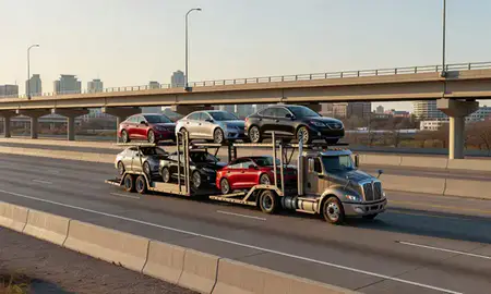 Car transporter with the Garland, Texas, United States skyline behind it