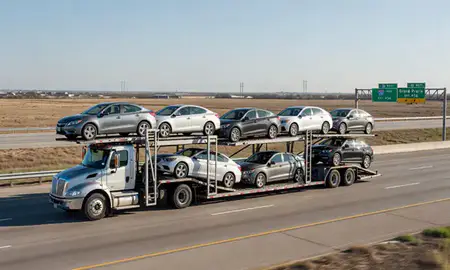 Multi-level car carrier on the highway to Grand Prairie, Texas, United States