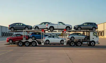 Car transporter parked in an industrial area of Grand Prairie, Texas, United States