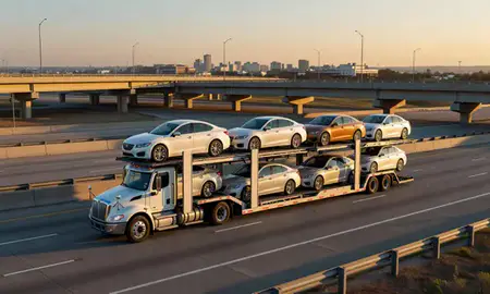 Car transporter with the Grand Prairie, Texas, United States skyline behind it