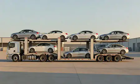 Car transporter parked in an industrial area of Houston, Texas, United States