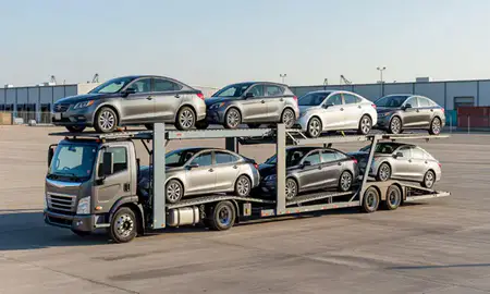 Car transporter loaded with vehicles in Houston, Texas, United States