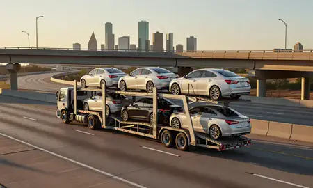 Car transporter with the Houston, Texas, United States skyline behind it