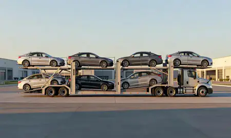 Car transporter parked in an industrial area of Irving, Texas, United States