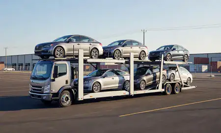 Car transporter loaded with vehicles in Irving, Texas, United States