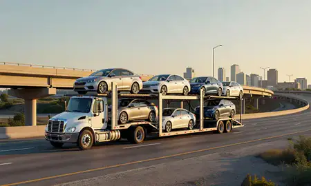 Car transporter with the Irving, Texas, United States skyline behind it